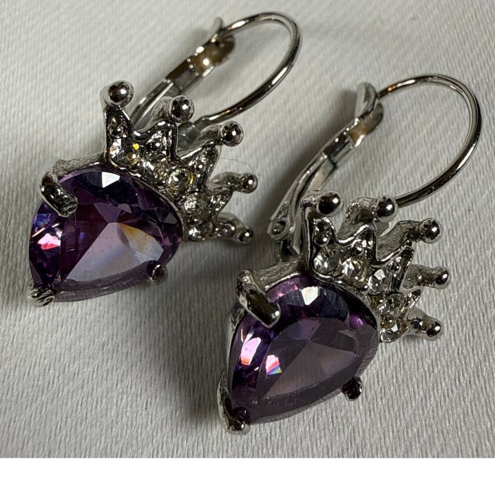 Amethyst Drop Earrings Silver Tone Heart February Birthstone Princess Crown Y2K